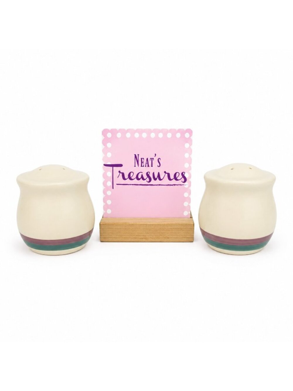 Pfaltzgraff JUNIPER  Stoneware Green  Mauve Bands 4 / 3 Salt Pepper Shaker Set 2